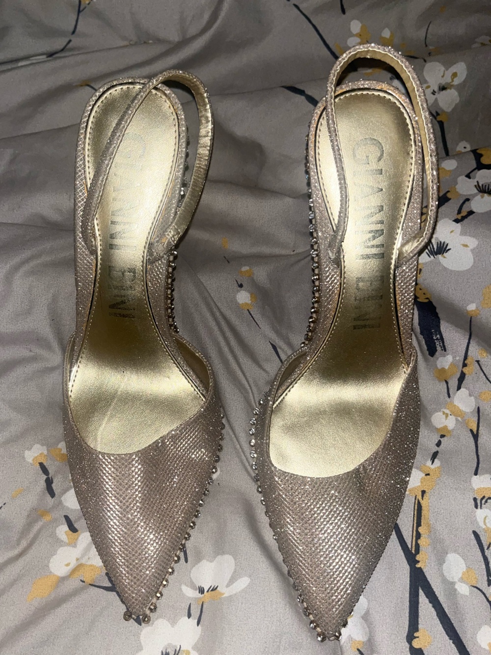 Gianni Bini Metallic Rose Gold Pointed Toe Flats with Crystal Trim